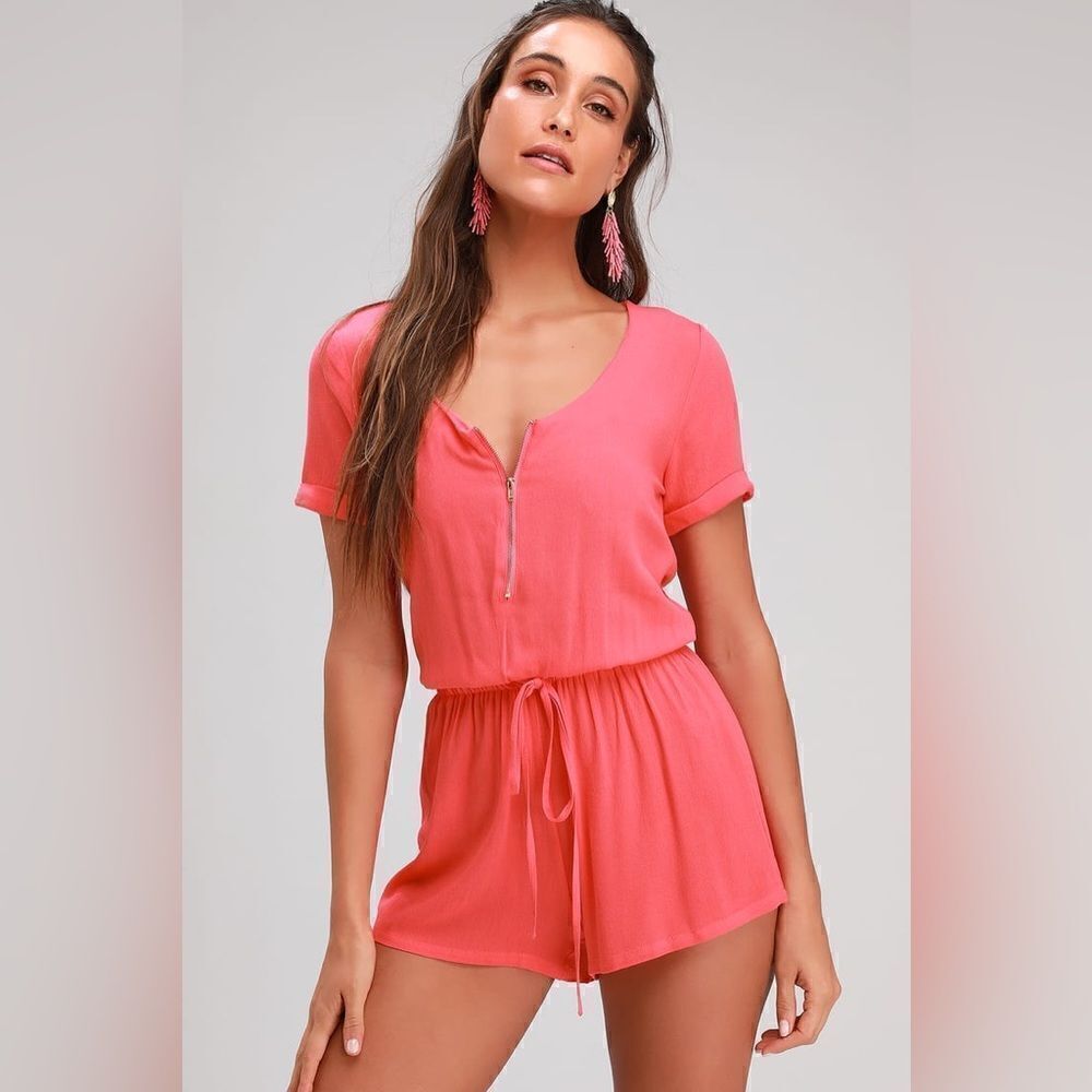 Lulu’s Kudos Coral Pink Short Sleeve Zip Romper
